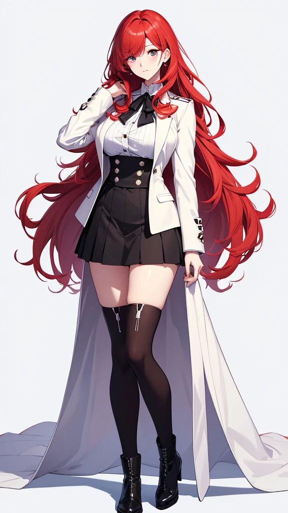 masterpiece, Best Quality, white background, Full body image of a tall woman, Wavy red hair, Medium Hair, Her right eye is covered by her hair, Wearing a white coat, Lazy expression, Big Breasts, Black tights,Visual Novel Pose,Black Skirt,Black boots