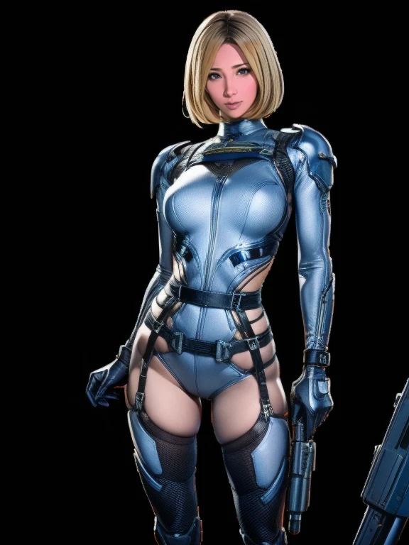 cowboy_shot, white background, masterpiece, best quality, extreme detail, 8k, nina2, 1girl, solo, breasts, short hair, blue eyes, blonde hair, gloves, collarbone, upper body, lips, bodysuit, skin tight, zipper, realistic, black bodysuit, unzipped, latex,