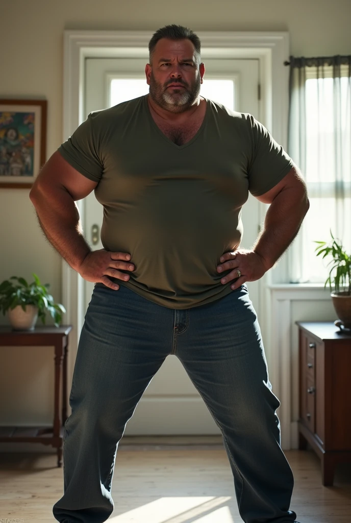 (best quality,4k,8k,highres,masterpiece:1.2), age 60, white man sheriff , horny disgusting, muscular chubby, kind, shirtless, mature daddy, Dress Pants with big bulge, hairy chest hard nipple, belt, loafer,