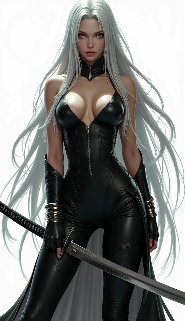 Near automata A2, long white hair, perfect face, woman with very big tits, very hairy vagina, coquette, sexy pose leaning on big sword, big nipples, backwards, pronounced hip, very small waist, small abdomen, hands on breasts, In a forest, big year, huge butt, jackO position