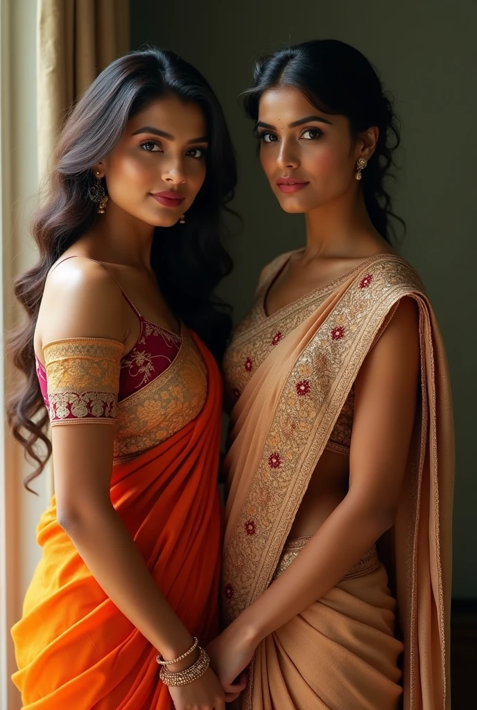 Young women wearing a saree in very sexy' style 
 Fatty women 