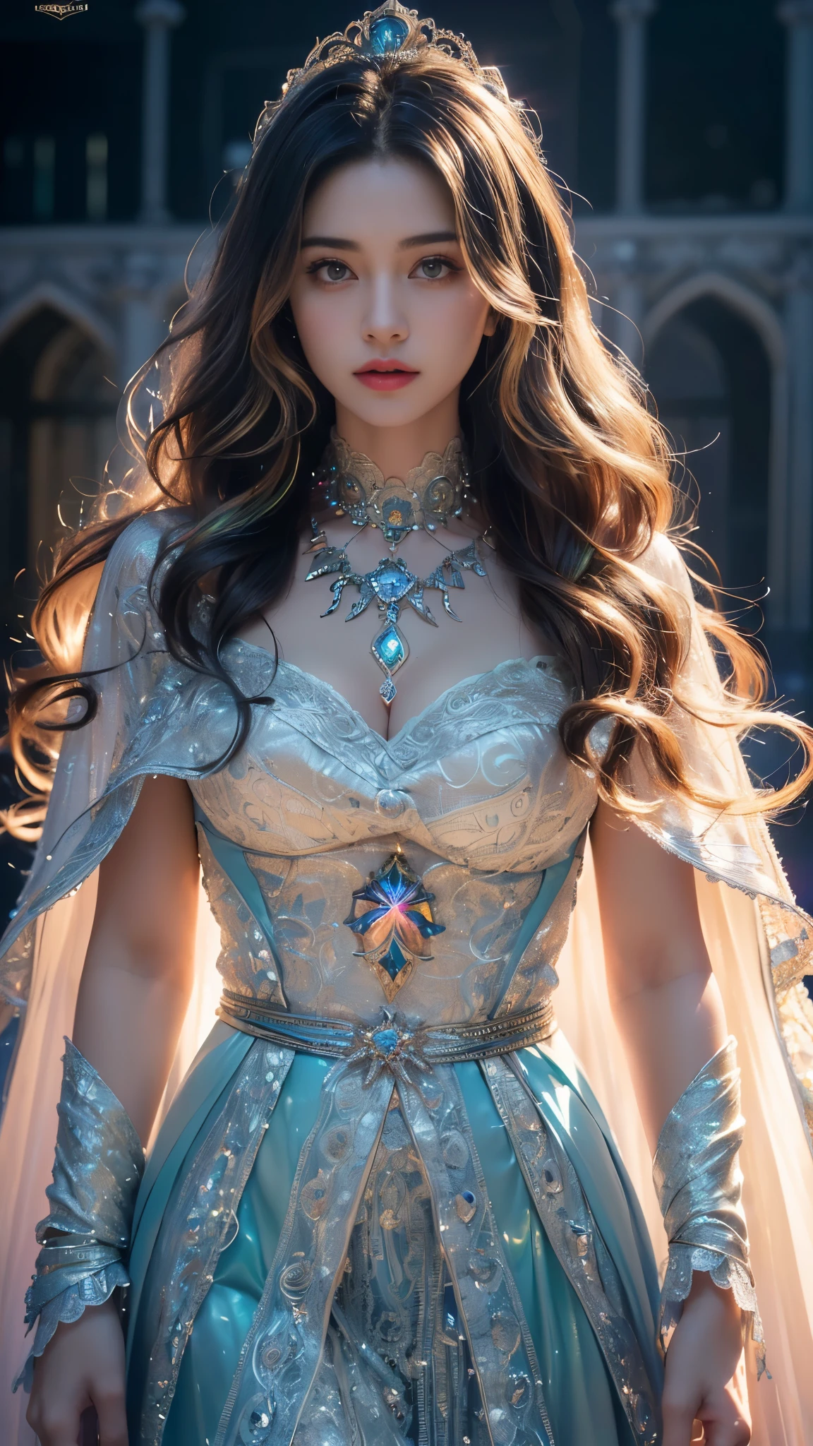 (masterpiece, best quality:1.5), highest quality, High resolution, super detailed, Realists, Upper body photo of a brunette sorceress, detailed and beautiful eyes, beautiful detailed lips, very detailed eyes and face, longeyelashes, shiny satin dress, Holds a wand in his hand and performs a transformation spell. Beautiful and colorful makeup, elegant and noble々The jewelry bag, Gardens as background, soft daylight, bright colors, fine brushstrokes, Portrait style, Silk dress fabric, beautiful color palette, glowing skin, First-class rendering, that captures every detail, enchanting atmosphere, subtle shadows and lights, (perfect anatomy:1.2), (The stunning sorceress turns a cat into a princess (eine Transformation):1.4), (magnificent panorama view:1.2)