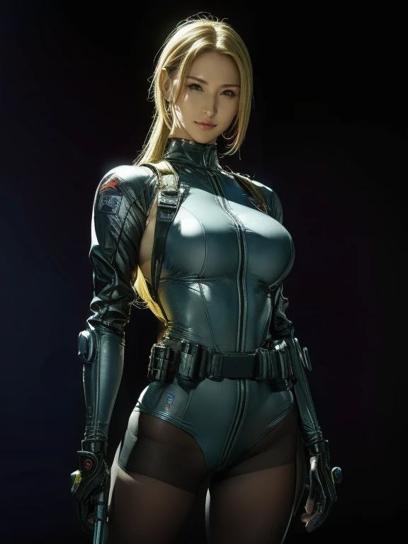 Best image quality, Great details, Ultra-high resolution, (realism: 1.4), ((close:0.75)), One woman is very condensed, With a beautiful and delicate face, Perfect Proportions, Narrow your target audience, Small breasts), Blonde, (High-tech suit), (Cyborgs compared to police uniforms,,, Black and grey mech, Military Harness, Has a machine gun, Hitch Tech Flame Thrower Tank Carrying), Simple gray wall in the background,