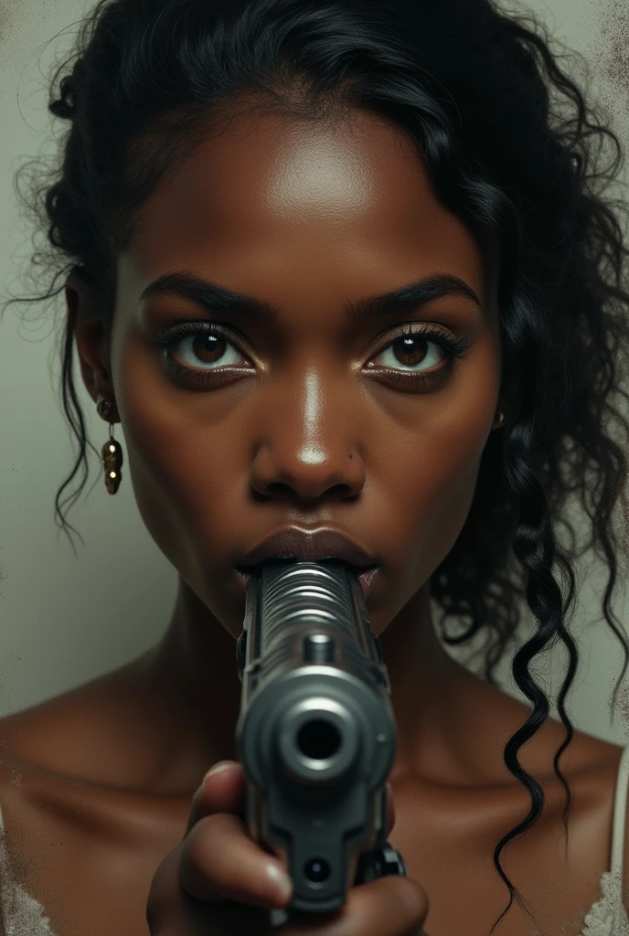 Half body photo, 1 beautiful young black woman; coy smile, (red satin bomber jacket); one hand is holding a pistol the other hand is empty, satin leggings , tall black boots, long hair, natural makeup, extremely detailed eyes and face, lovely smile, delicate blush, sensuous lips, intricate facial details, perfect skin, flawless skin texture perfect, ; standing in a long hallway with many doors, evening lighting,, , subtle , dreamy, luxurious atmosphere, low lighting; Super high quality, surreal, 8K, high resolution, masterpiece, detailed, professional cinematic lighting, , ; Fine brushstrokes,ethereal vibe,mesmerizing gaze,dreamy atmosphere,blending elegance,subtle color gradients,,understated beauty. In the background several men lay unconscious on the hallway floor