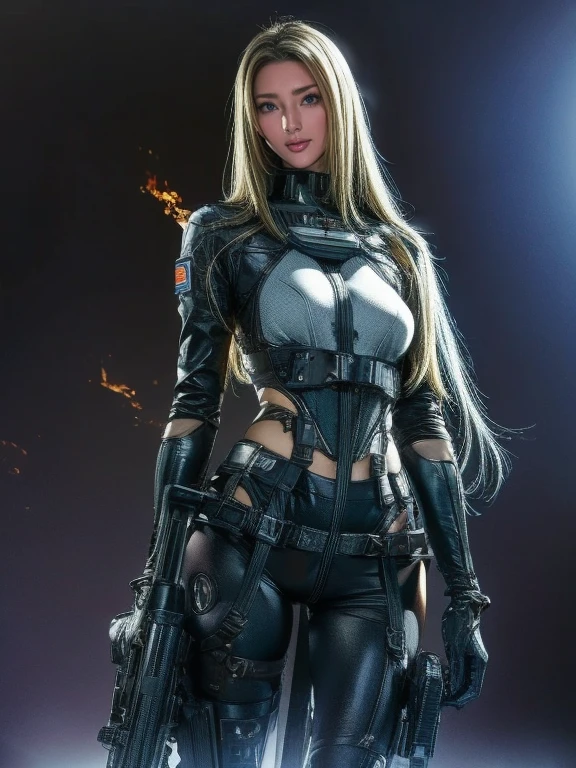 Best image quality, Great details, Ultra-high resolution, (realism: 1.4), ((close:0.75)), One woman is very condensed, With a beautiful and delicate face, Perfect Proportions, Narrow your target audience, Small breasts), Blonde, (High-tech suit), (Cyborgs compared to police uniforms,,, Black and grey mech, Military Harness, Has a machine gun, Hitch Tech Flame Thrower Tank Carrying), Simple gray wall in the background,