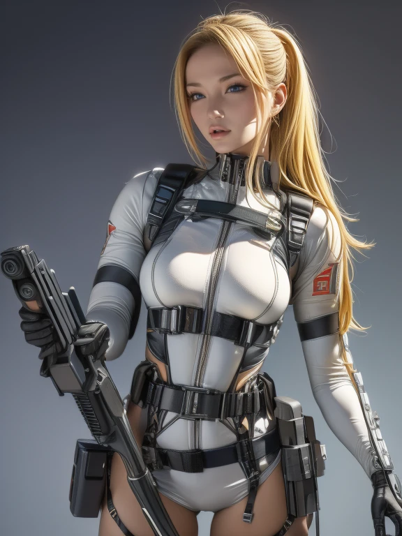 Best image quality, Great details, Ultra-high resolution, (realism: 1.4), ((close:0.75)), One woman is very condensed, With a beautiful and delicate face, Perfect Proportions, Narrow your target audience, Small breasts), Blonde, (High-tech suit), (Cyborgs compared to police uniforms,,, Black and grey mech, Military Harness, Has a machine gun, Hitch Tech Flame Thrower Tank Carrying), Simple gray wall in the background,