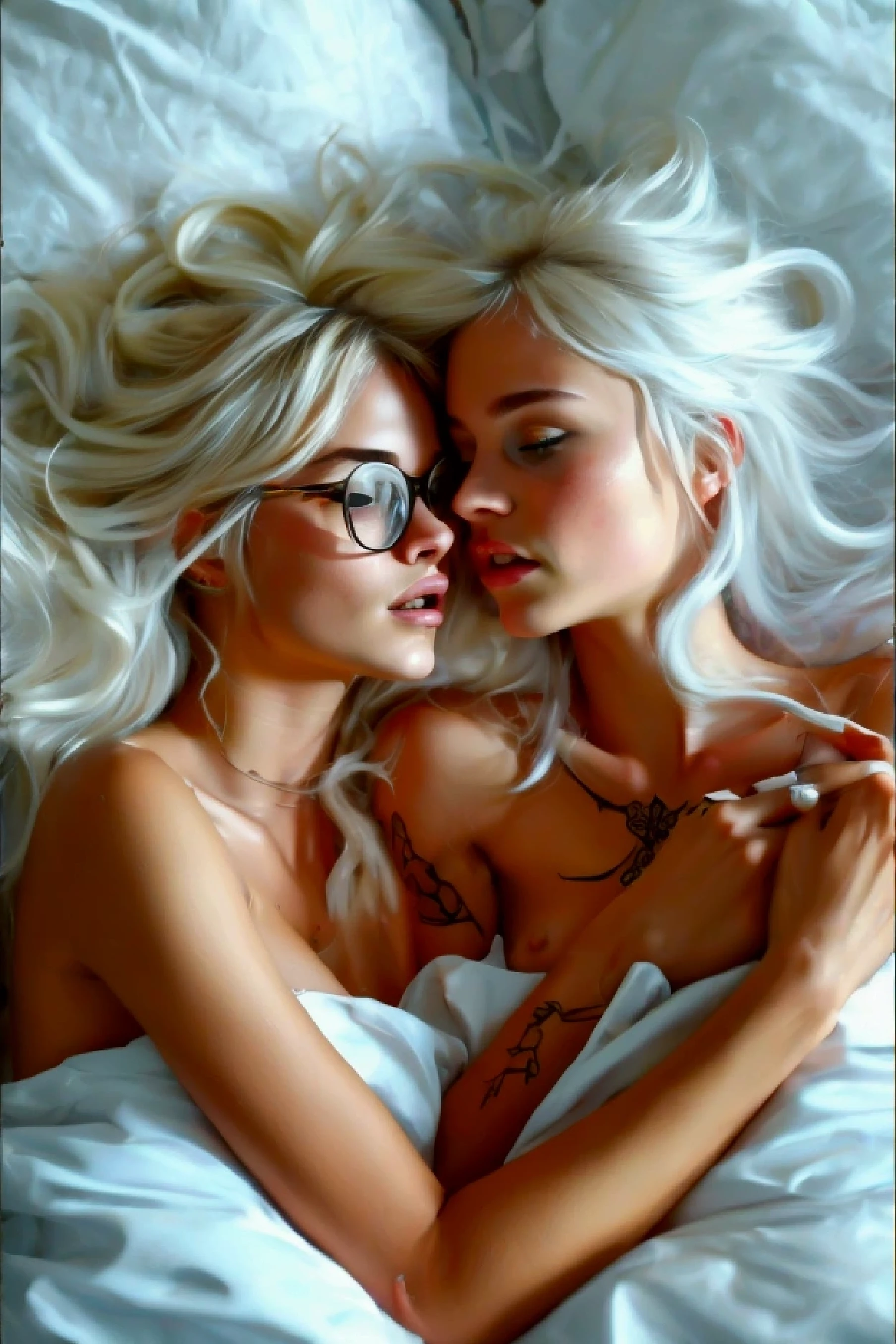 Two white beautiful girls with wavy long hair, blondes, with seductive faces, lesbian, enjoy each other, Lying in bed, naked, отличная breast с пухлыми сосками, pale neat nipples, first girl with glasses, нежно гладит вторую девушку за breast и проводит языком по соску груди, the second one has his mouth open, Rolled up eyes, passion on faces, tattoos cover arms, breast, abdomen and legs, Long black nails. touch each other, well pumped up abs.