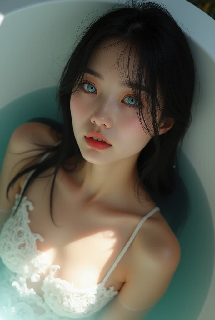 ((8K, top-quality, masterpiece, 超A high resolution, Photorealsitic:1.5)), 1girl in, 17 age, Perfect dynamic composition, tilt the neck, Look up at the viewer on the bed:1.4, Highly detailed eye and face texture:1.3, Fair skin, (White liquid dripping on the face:1.3), (Beautiful blue eyes, Eyes that feel beautiful eros:1,5), (Face feeling ecstasy:1.5, Sexy face:1.5), (A mouthfeel that feels beautiful eros:1.55), (Facial expression when you feel that you are being caressed violently:1.8), (An expression immersed in intense pleasure:1.8), (foco nítido, Cinematic lighting), Show face only, ((((Too erotic)))), Cute sexy woman