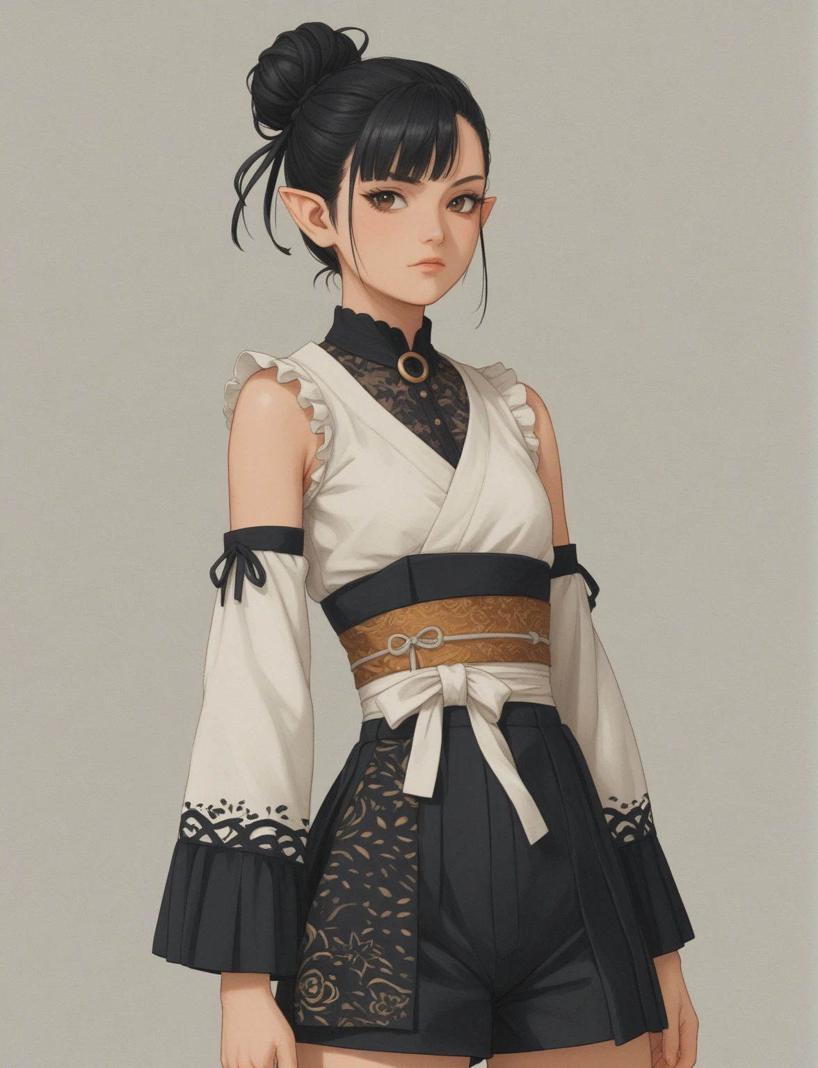 Create a digital illustration of a female character with elf ears with round dots instead of eyebrows. For the hairstyle, she should have black hair styled into a single bun at the back of her head, complemented by asymmetrically chopped bangs that transition into a long lock on one side. Her outfit should match short hakama with detached sleeves and frills under the shorts and the sleeves, in a gothic style, featuring intricate white lace patterns, detailed cutouts, and a white obi with a black seigaiha black pattern. The outfit should include layered skirts and ribbon details to emphasize a similar aesthetic. Add a muted background that complements her striking attire and hairstyle.