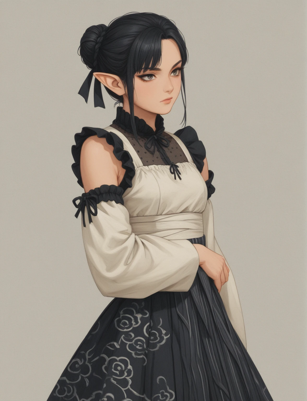 Create a digital illustration of a female character with elf ears with round dots instead of eyebrows. For the hairstyle, she should have black hair styled into a single bun at the back of her head, complemented by asymmetrically chopped bangs that transition into a long lock on one side. Her outfit should match short hakama with detached sleeves and frills under the shorts and the sleeves, in a gothic style, featuring intricate white lace patterns, detailed cutouts, and a white obi with a black seigaiha black pattern. The outfit should include layered skirts and ribbon details to emphasize a similar aesthetic. Add a muted background that complements her striking attire and hairstyle.