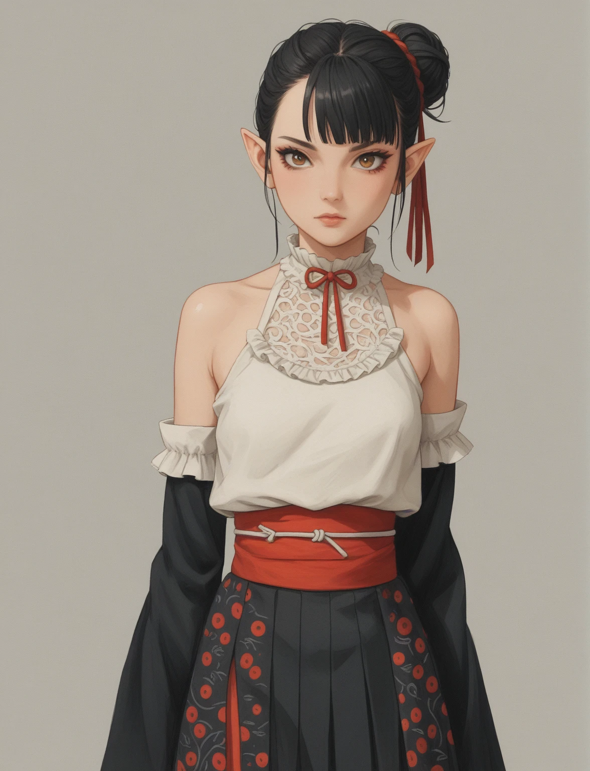 Create a digital illustration of a female character with elf ears with round dots instead of eyebrows. For the hairstyle, she should have black hair styled into a single bun at the back of her head, complemented by asymmetrically chopped bangs that transition into a long lock on one side. Her outfit should match short hakama with detached sleeves and frills under the shorts and the sleeves, in a gothic style, featuring intricate white lace patterns, detailed cutouts, and a white obi with a black seigaiha black pattern. The outfit should include layered skirts and ribbon details to emphasize a similar aesthetic. Add a muted background that complements her striking attire and hairstyle.