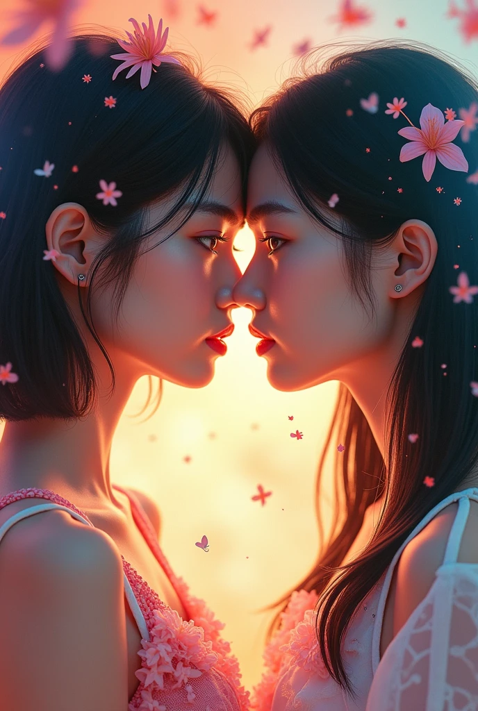 The face of a sexy Japanese beauty kissing