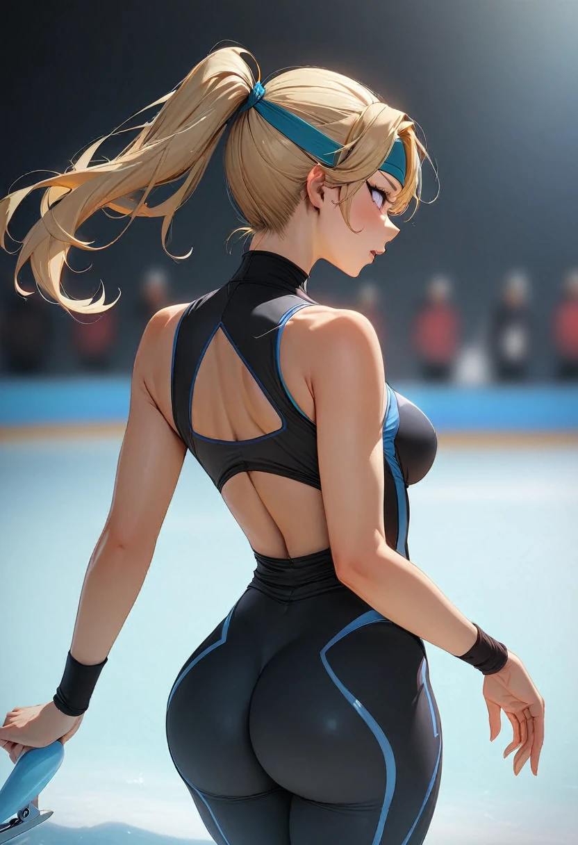 (masterpiece, 4k, high quality, colorful, super detailed eyes and face:1.2), CARTOON, ANIME, CARTOON ARTSTYLE, 1girl, solo, 20-year-old woman, dirty blonde hair, long hair, green eyes, tan-olive skin, posing for a picture, tight attire, sexy pose, fitness model, very sexy pose, wearing a tight glossy purple leotard, tight outfit, strong pose, side pose, fit girl, posing in a tight glossy purple leotard, purple sparkles, in spandex leotard, tight attire, back arched, sitting down, back shot, back view
