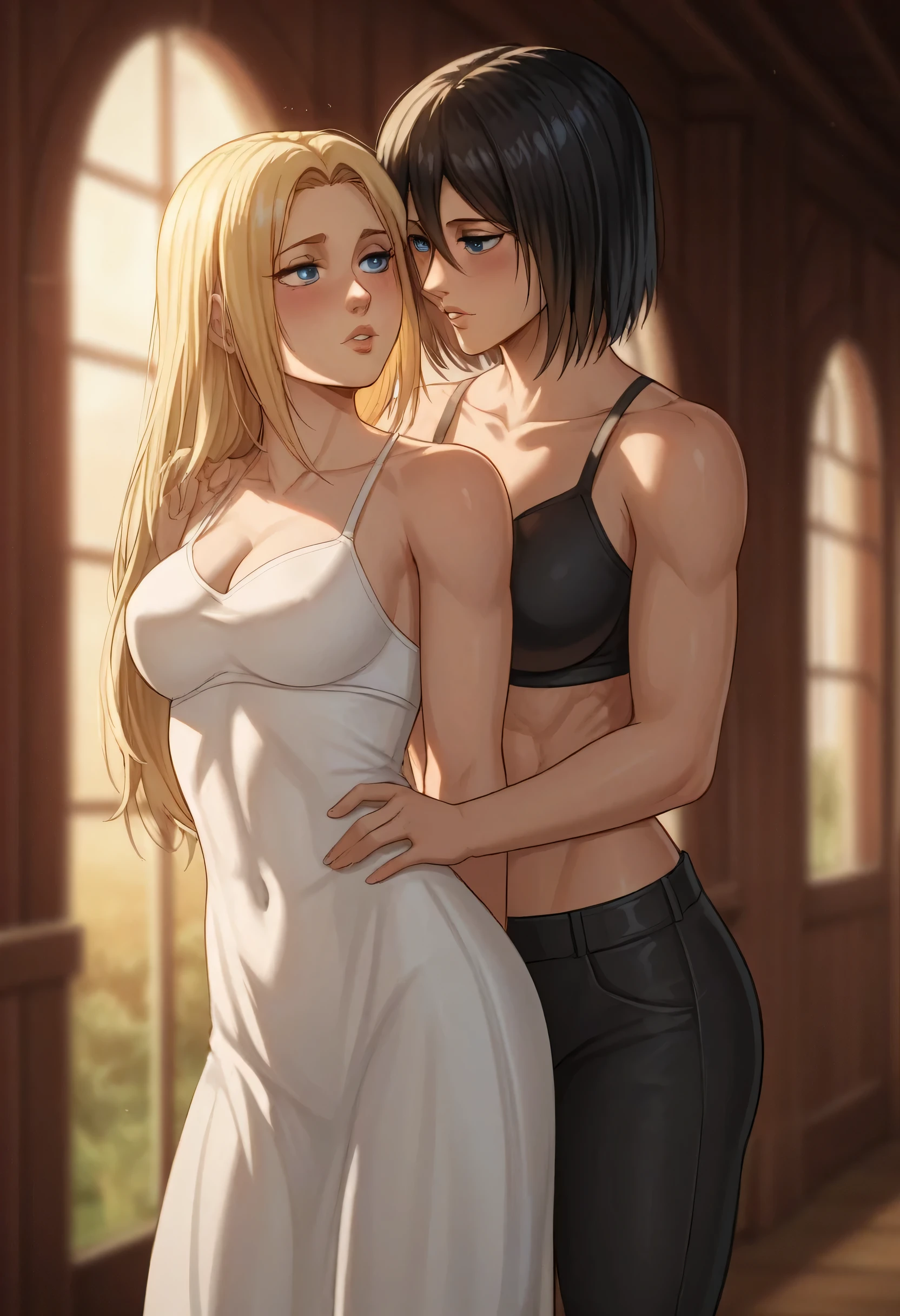 score_9, score_8_up, score_7_up, BREAK source_anime, historia reiss, blue eyes, blonde hair, long hair, medium breasts, long white dress sleeveless,female black hair soldier hugs historia from behind,Mikasa with historia hugs historifrom behind,mikasa wreanig black sport bra and black combat pants,Mikasa female with short hair,mikasa female medium breasts,in night,moon in sky,mikasa final season,mikasa taller than historia,Mikasa hugs historia from behind,mikasa short black hair,historia blonde long hair,mikasa final season,girl× girl,yuri,lesbians,romantic yuri,girls love,inside the barn