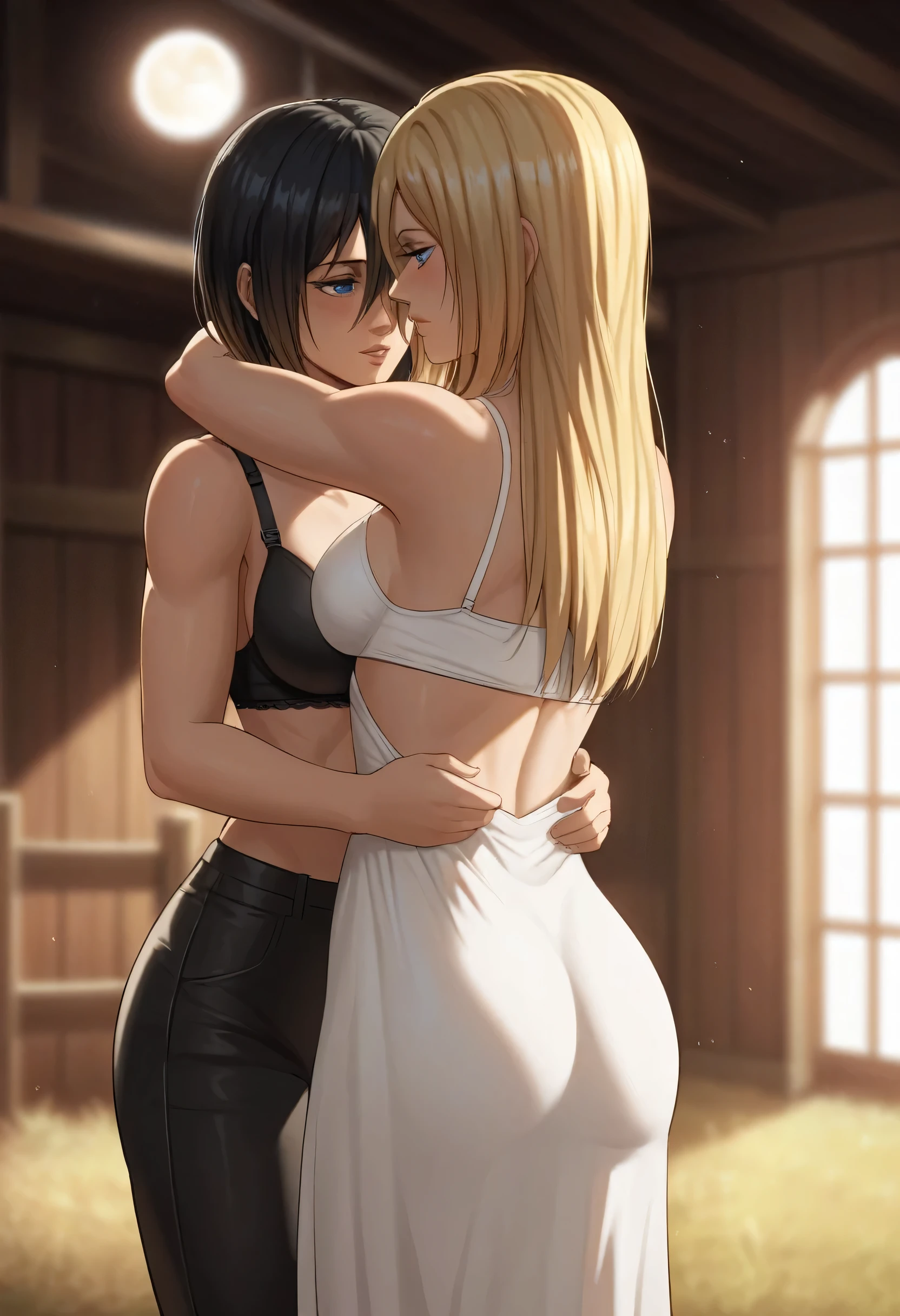 score_9, score_8_up, score_7_up, BREAK source_anime, historia reiss, blue eyes, blonde hair, long hair, medium breasts, long white dress sleeveless,female black hair soldier hugs historia from behind,Mikasa with historia hugs historifrom behind,mikasa wreanig black sport bra and black combat pants,Mikasa female with short hair,mikasa female medium breasts,in night,moon in sky,mikasa final season,mikasa taller than historia,Mikasa hugs historia from behind,mikasa short black hair,historia blonde long hair,mikasa final season,girl× girl,yuri,lesbians,romantic yuri,girls love,inside the barn