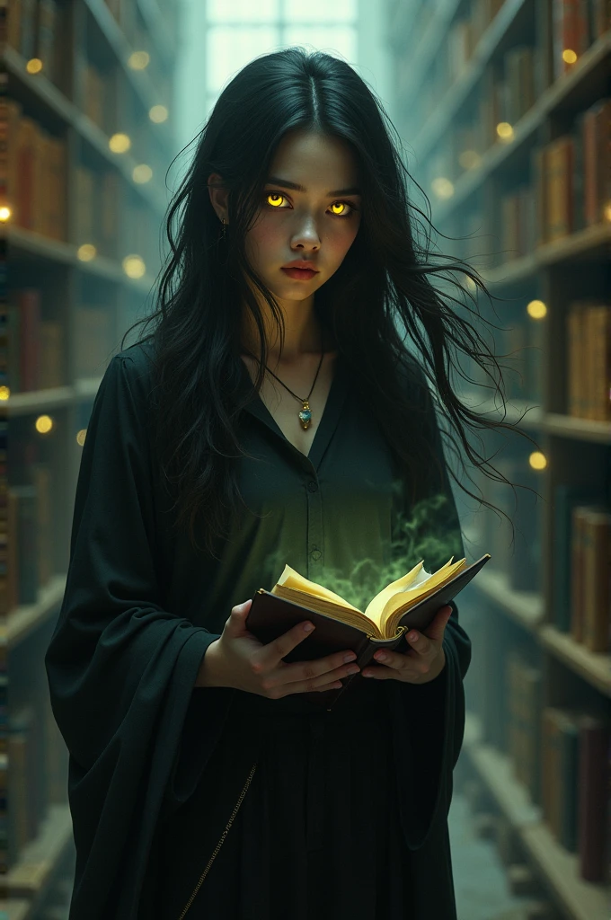 A magical horror girl reading a flying book, beautiful lightning, a zombie man, detailed facial features, hyper realistic, cinematic lighting, dark fantasy, moody, dramatic, chiaroscuro, deep shadows, glowing magical effects, intricate details, ornate gothic architecture, rich colors