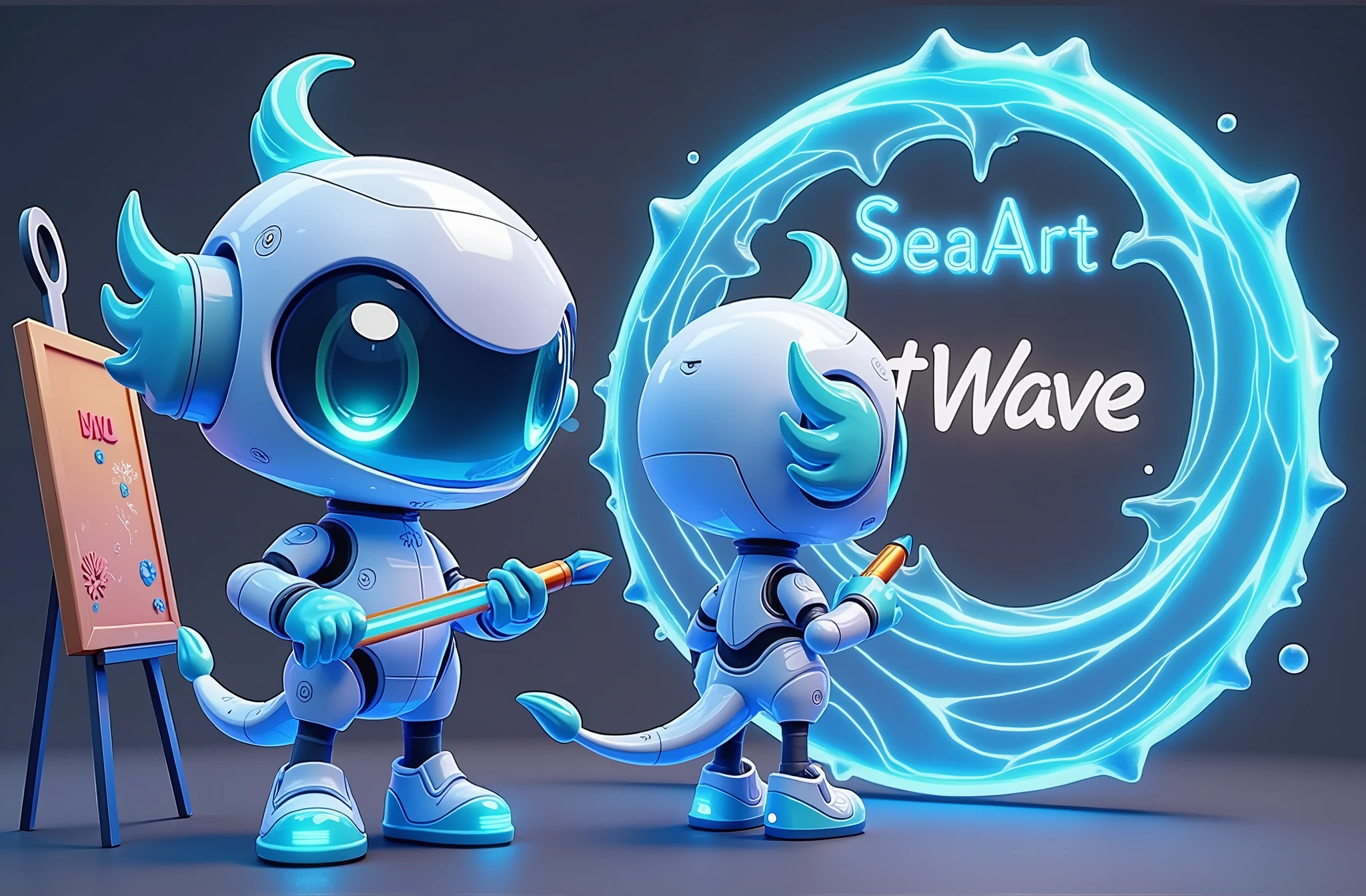 Design a unique cartoon mascot character named 'ArtWave,' representing a futuristic AI-driven art platform called 'SeaArt.' The character has a flowing, liquid-like body made of holographic light waves, blending organic and mechanical elements to resemble a humanoid or oceanic creature. Its body shape changes according to its artistic inspiration, with glowing lines symbolizing data streams flowing across its form. Its hands morph into futuristic art tools like light beam pens or floating holographic canvases, and small hovering assistants surround it, acting as its virtual art canvases. The face is abstract, composed of changing geometric shapes and light beams instead of traditional features. Its eyes glow with energy, shifting colors based on emotions and creative flow. The overall design combines elements of oceanic fluidity, futuristic technology, and art creation in a visually striking and original way, fitting for a mascot that represents the infinite possibilities of AI-powered art.