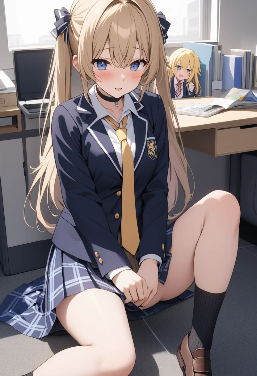 Pee、Middle school students、girls、uniform、tights、enchanted、classroom、spread legs、squatting down、スカートめくり