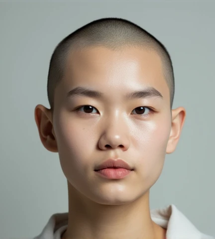 （shaved head）, （japanese woman）, round face, not so cute, snub nose, large nostrils, chunky lips, small double eyelid, the eyes are far apart, Chubby, high quality, Masterpiece, 8k, real portrait, realistic pictures, full body photo, age is 40, loincloth on camisole