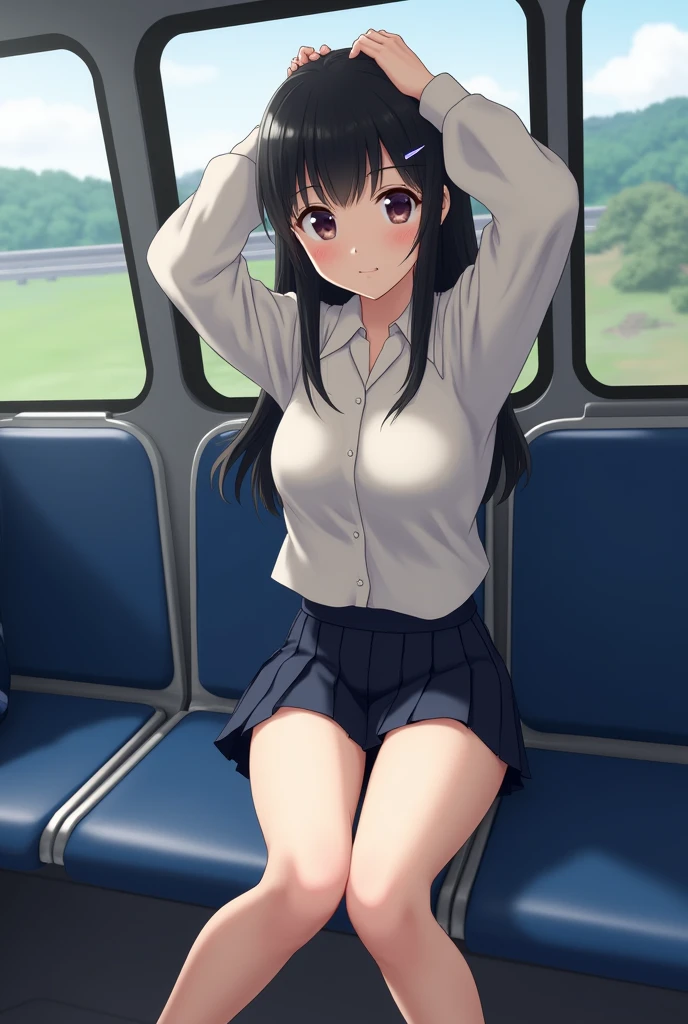 , serafuku, kamiyama high \(hyouka\), black skirt, long sleeve, black sailor collar, ((highest quality, High resolution, nffsw, perfect pixel, 8k, nffsw, nffsw))), 1 girl, single, alone, beautiful woman、I could see the whole body、((brown eyes, beautiful eyelashes, realistic eyes)), ((detailed face, blush:1.2)), ((smooth texture:0.75, realistic texture:1.0, ((realistic:1.3)), Anime CG style)), medium breasts, dynamic angle, perfect body, At the bed, evening、nsfw:1.5, ((hold own thighs, spread legs, legs up))、Very embarrassing panic smile、(((spread pussy:1.5))), 