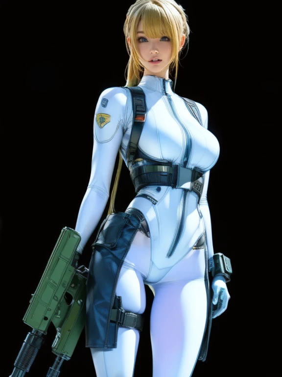 Best image quality, Great details, Ultra-high resolution, (realism: 1.4), ((close:0.75)), One woman is very condensed, With a beautiful and delicate face, Perfect Proportions, Narrow your target audience, Small breasts), Blonde, (High-tech suit), (Cyborgs compared to police uniforms,,, Black and grey mech, Military Harness, Has a machine gun, Hitch Tech Flame Thrower Tank Carrying), Simple gray wall in the background,