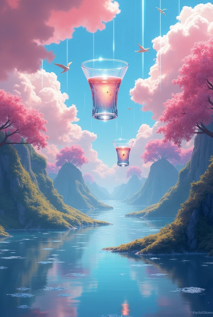 Like this image, it&#39;s otherworldly.、I want you to create a surreal landscape.。
Two glasses of sake, no roads、Only the sky - meteor shower in the sky、Otherworldly birds are flying