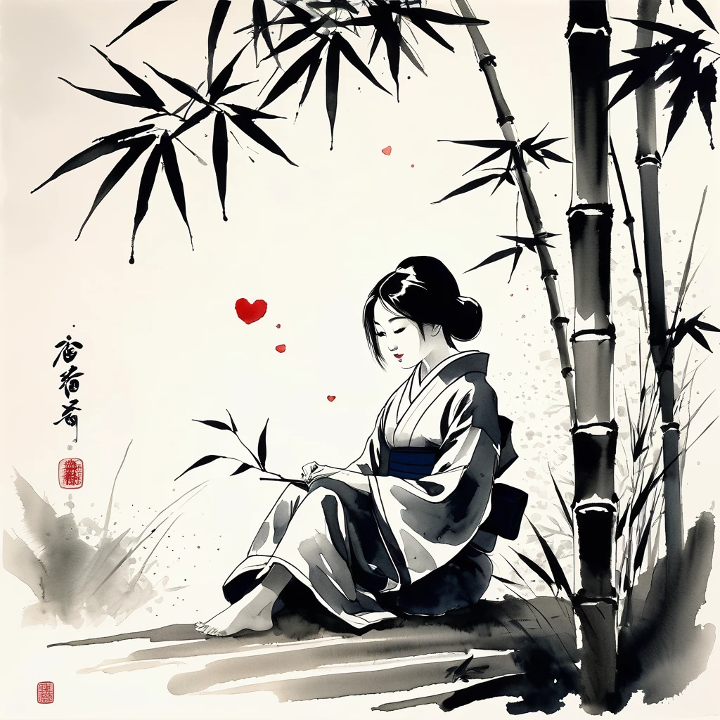 Sumi-e ink wash painting depicting a high school girl in a simple yukata, sitting by a bamboo forest. The strokes are minimalist yet expressive, capturing the essence of youth and nature. A heart-shaped leaf falls gently beside her.