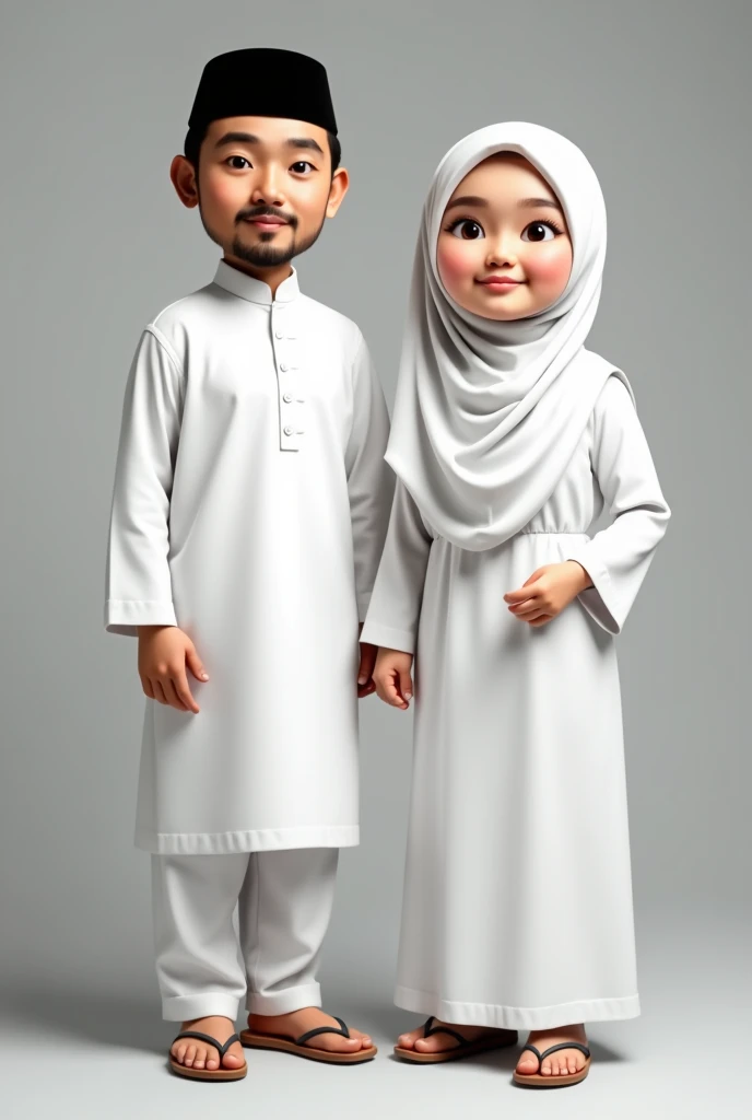 studio photo of a young Indonesian family of 4 people, father, mother, daughter and son. full body, wearing Muslim clothes with the same motif. 32 year old father with neat thin hair and a clean face, 30 year old mother wearing a hijab that matches her clothes, 7 year old daughter with shoulder length hair, 3 year old son with neat thin hair. Islamic backdrop for Eid al-Fitr.