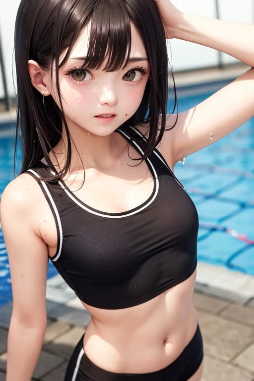 ((Top Quality, 8k, Masterpiece: 1.3)), Crisp Focus: 1.2, Beautiful Girl with Perfect Figure: 1.4, Slender Abs: 1.2, ((Layered, Small Breasts: 1.3,)), (Poolside: 1.2), Highly Detailed Face and Skin Texture, Detailed Eyes, Double Eyelids, Long Hair, Straight Hair, Children's Clothes, (Swimsuit), (: 1.4), Toddler Body Shape, Bangs, Smile: 1.3, very cute, facing the front, (junior idol: 1,4), children, poolside, cleavage,