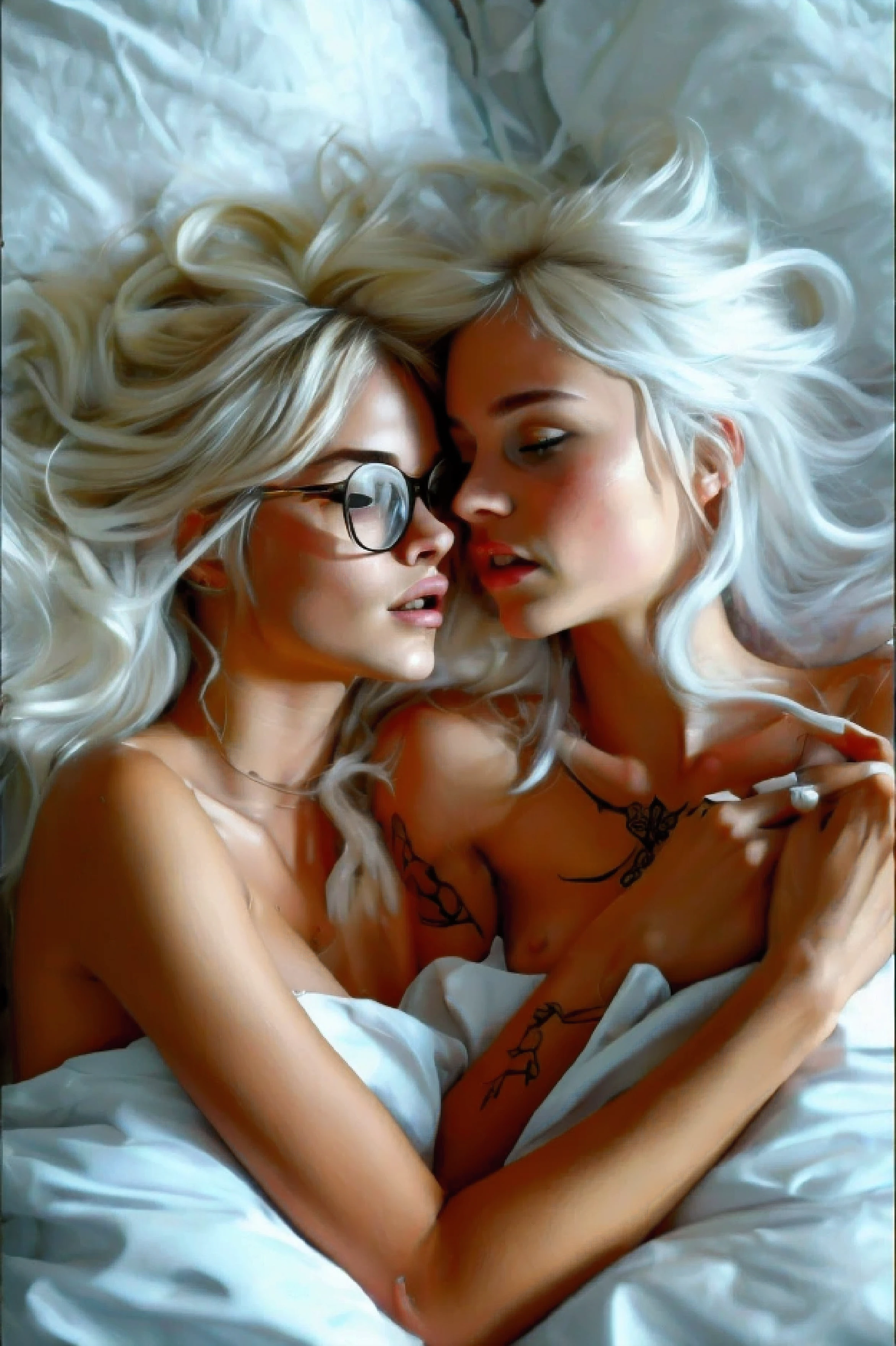 Two white beautiful girls with wavy long hair, blondes, with seductive faces, lesbian, enjoy each other, Lying in bed, naked, отличная breast с пухлыми сосками, pale neat nipples, first girl with glasses, нежно гладит вторую девушку за breast и проводит языком по соску груди, the second one has his mouth open, Rolled up eyes, passion on faces, tattoos cover arms, breast, abdomen and legs, Long black nails. touch each other, well pumped up abs.