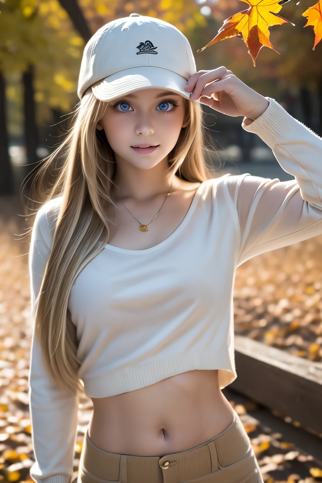 masterpiece,Best Quality,Very detailed,beautiful girl, ager,Casual clothing,hat,autumn leaves,Small breasts,Narrow waist,Straight blonde hair,Perfect Blue Eyes,Very cute,Active pose