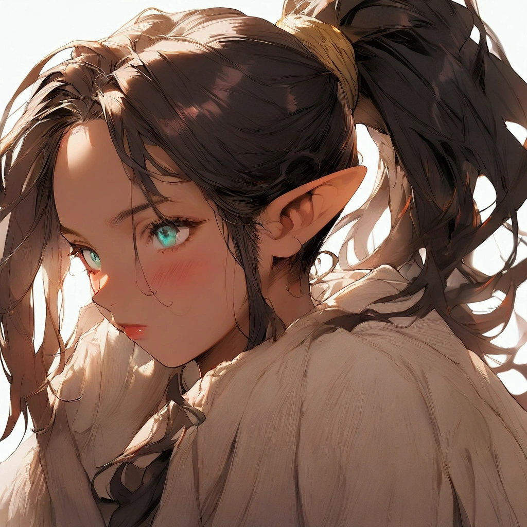 1girl, vampire, elf, tan, best quality, masterpiece, elf ears, aqua eyes, messy hair, very short hair, ponytail, brown hair, Oversized Hoodle