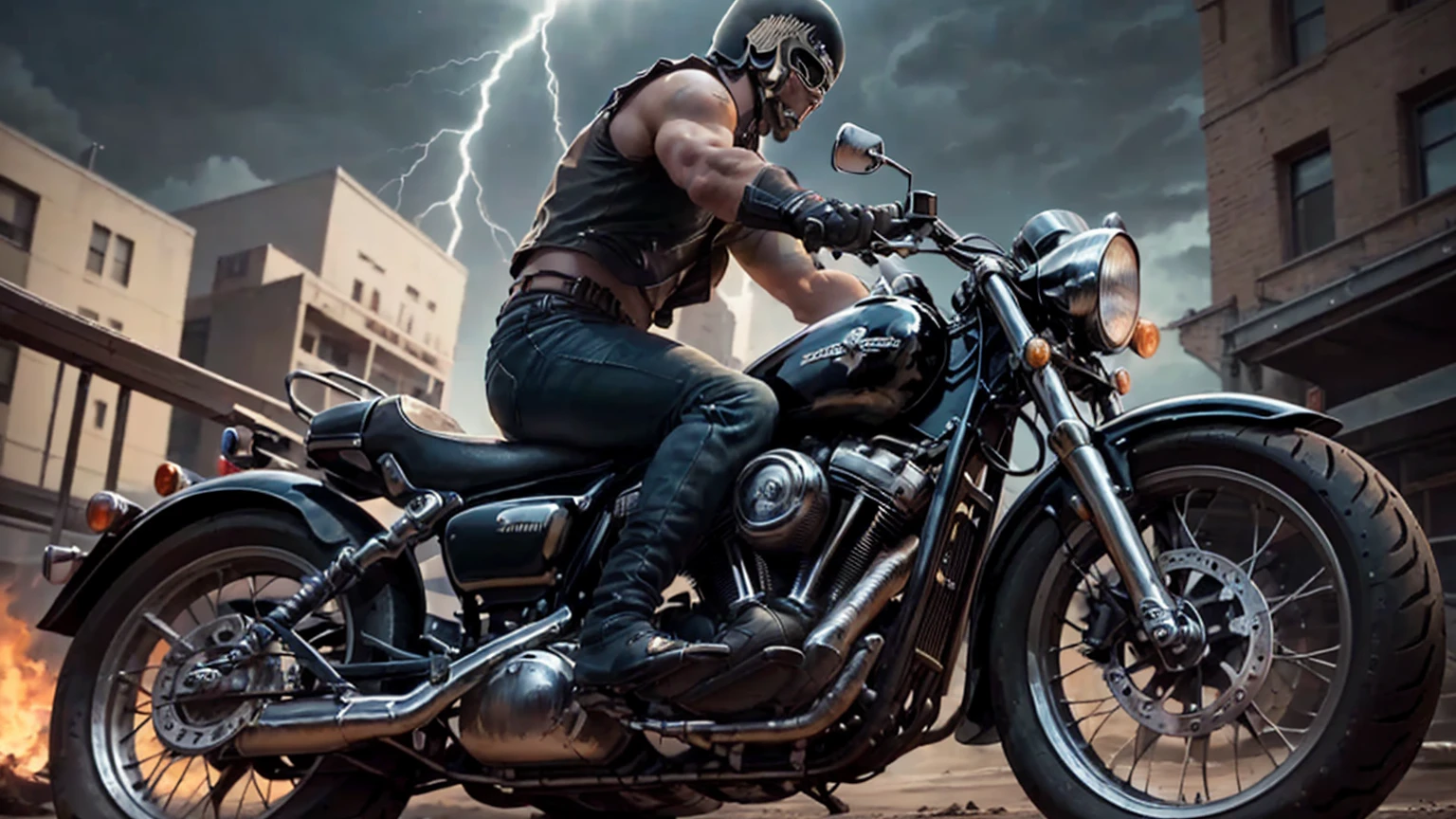 there is a man riding a motorcycle on a city street, picture of a male Biker, Dramatic action photography, Biker, motorBiker, Dramatic cinematic action shots, Movie action scene, photo manipulation, motorcycles, motorcycle concept art, motorcycle, Detailed lighting and lightning, Cool look, riding a motorcycle, The coolest song ever, Post-apocalyptic Road Warrior vibes, Heavy Metal Style, Mad Max-esque、look at me, Look down and glare、