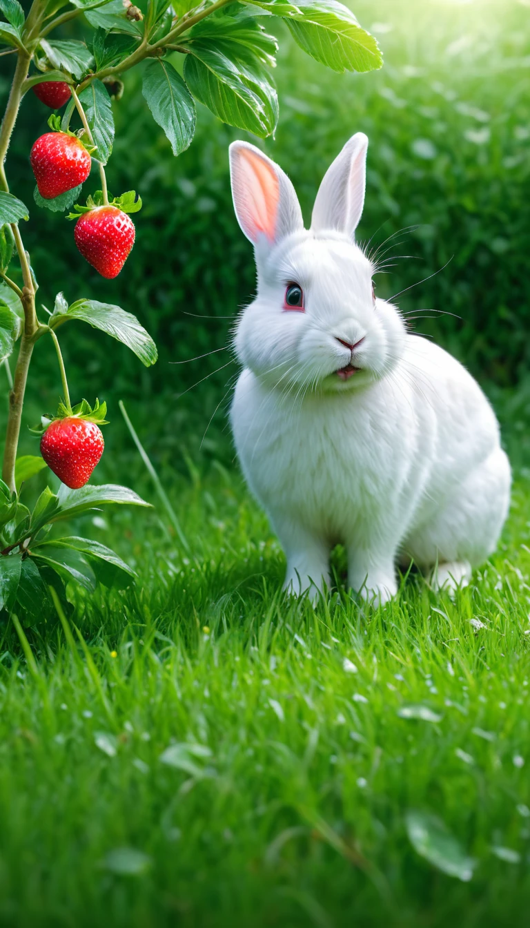 ((masterpiece, highest quality, Highest image quality, High resolution, photorealistic, Raw photo, 8K)), ((Highly detailed CG integrated 8k wallpaper)), grass field background, ((A White Rabbit is eating on a strawberry tree)), ((under the tree)), (fruits near the rabbit), little duck behind