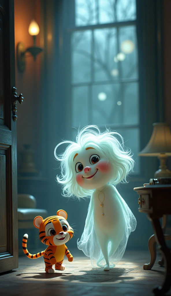 In the glow, a beautiful but sad ghost woman appears, gently holding and petting Sheru, the black cat. The children watch in awe and fear."