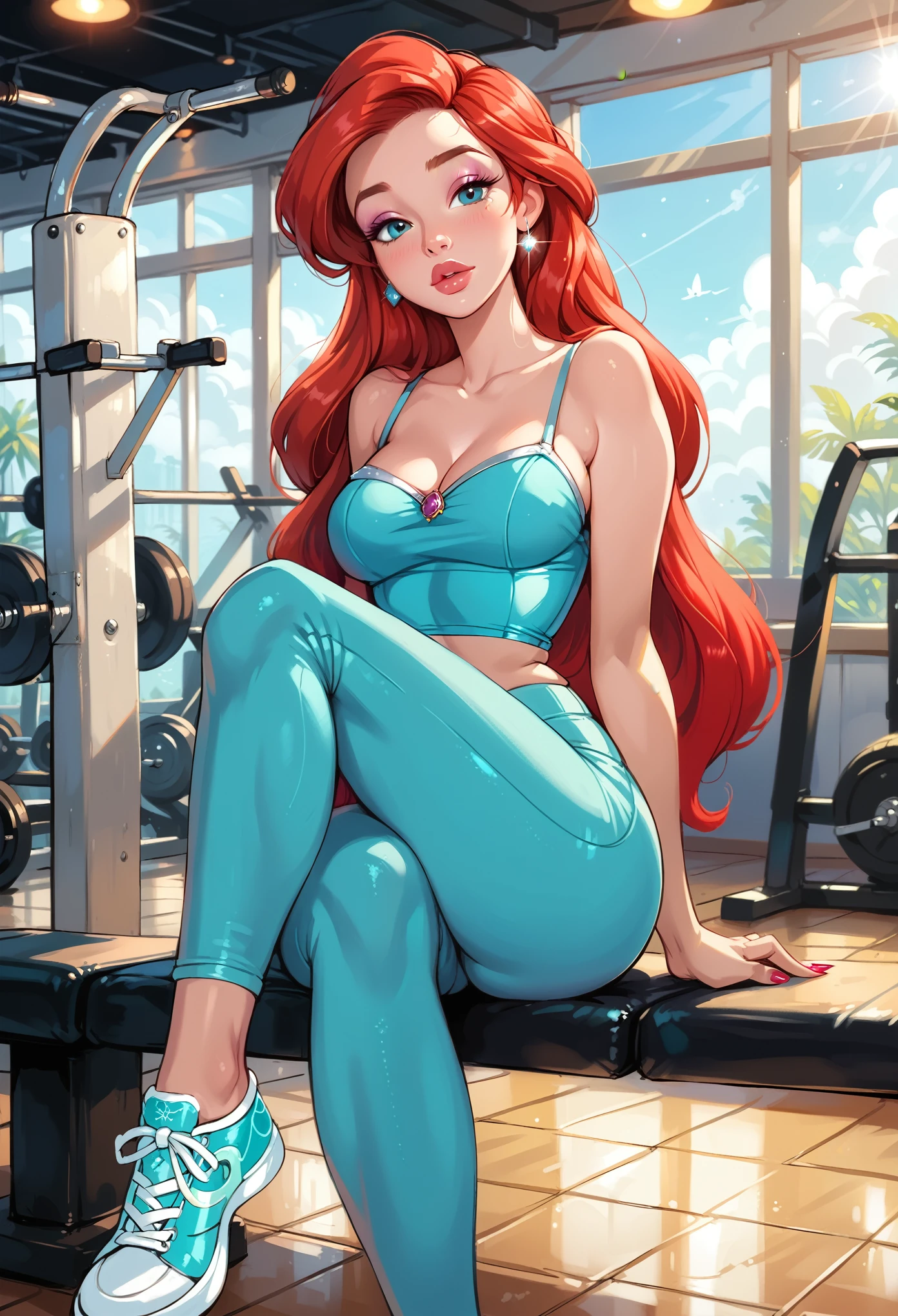 score_9, score_8_up, score_7_up, rating_questionable, epiCPhoto, 1girl, very sexy (Disney's Ariel, ar_el, fair skin, red hair:1.2), beautiful waifu, yogapants, teal yoga pants and top, standing in gym, long legs, sneakers, round butt, thicc, (legs crossed:1.3), solo, cute, flirt, gaze, sexy look, half-closed eyes, head tilt, filled lips, thick lips, makeup, modelling shoot, sexy pose.