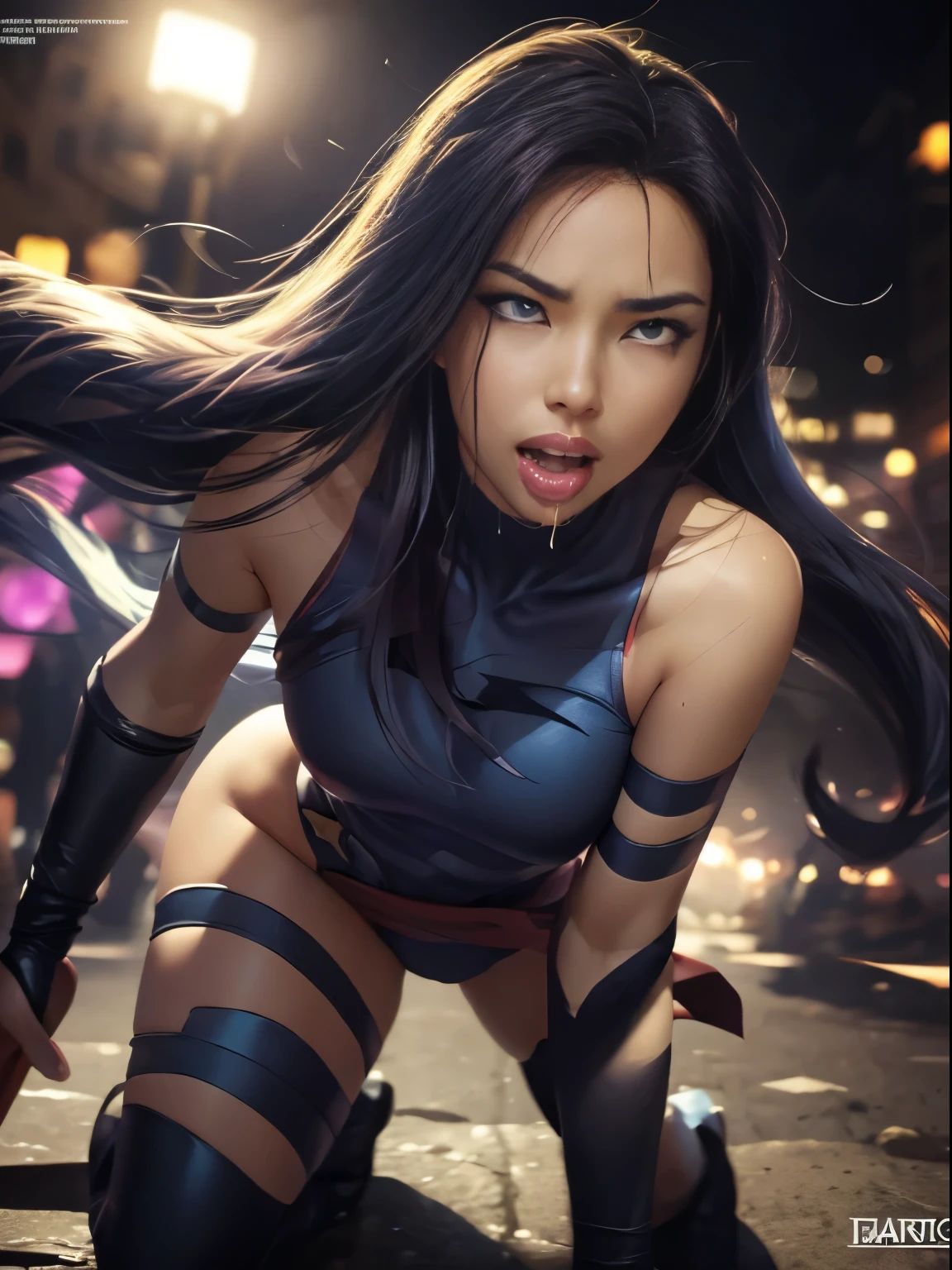 ((SUPERHEROINE PSYLOCKE )) , ((She has long hair)), (She is wearing her uniform), (masterpiece, best quality) 1girl, Alone, (sexy, Pretty woman, Perfect face, perfect eyes), image of 1/2 body , (PSYLOCKE, ahegao, rolling eyes, drooling), dynamic pose, superhero battle pose. . ((((action)))), ((movement)), (((motion))), ((dynamic)), background, a city in the night, city lights, blur background.
