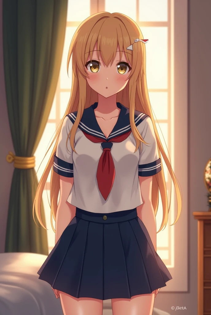 1girl, natural lighting, masterpiece, highly detailed, illustration, game CG, absurdres, high quality, kinomoto sakura, (18 year old girl), medium breasts, beautiful detailed eyes, glossy lips, natural lighting, blonde hair, blue eyes, school, white shirt, black pleated miniskirt, thigh highs