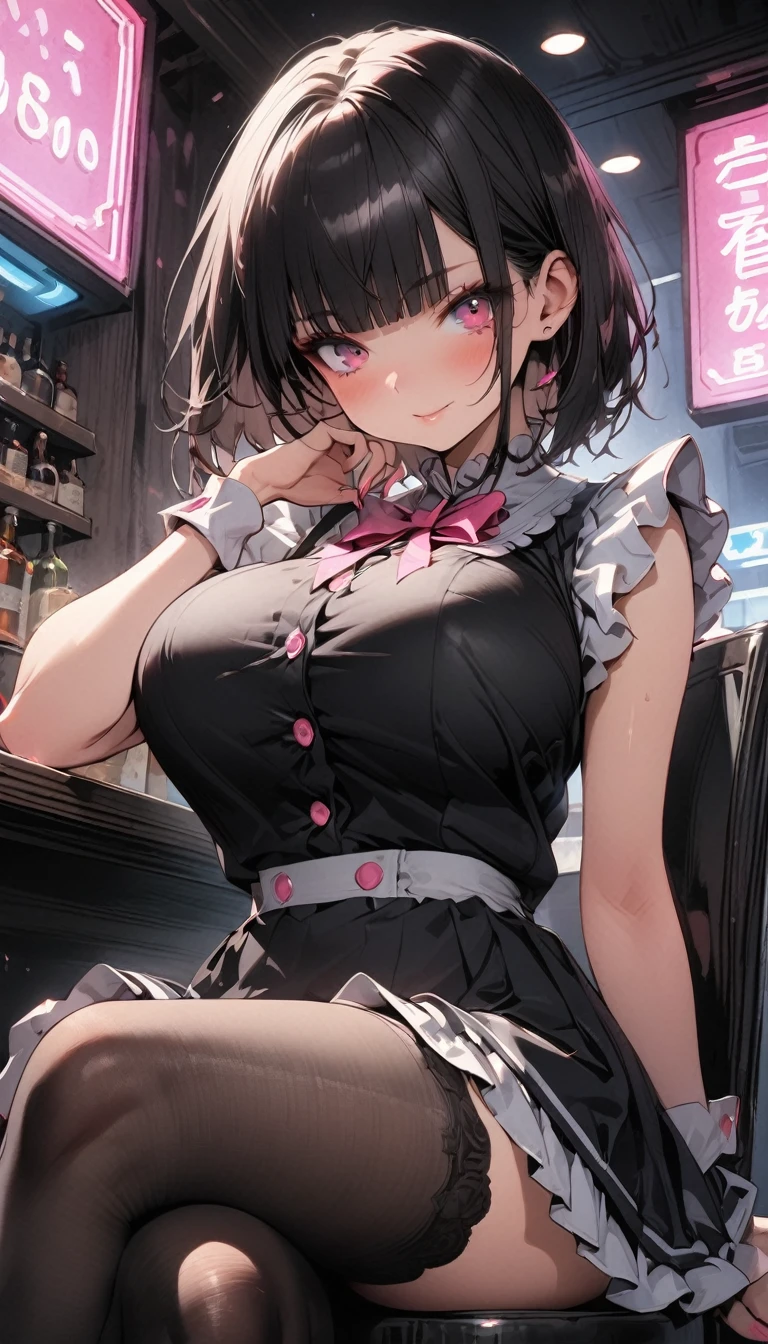 Anime style illustration, highres, ultra detailed, (1girl:1.3), (dynamic pose):1.0 BREAK, cowboy image, top angle, ((1 extremely cute and pretty casino girl standing at counter in underground casino)), cashier, BREAK, wearing a pink latex bodysuit, belt clothes, BREAK, she has pink pony-tail hair style, blue hair ribbons, cat-ear head set, gigantic-breasted, slender, abs, 7 life size, detailed clothes, detailed body, detailed arms, human hands, detailed hands, BREAK, blush, ashamed, light smile, happy, ,light smile, closed mouth, pink lip stick, Parted lips, detailed perfect lips, surprised, looking the viewer, facing the viewer, pretty model posing, extremely leaning forward against the viewer, hands on stomach, studio soft light, cinematic light, detailed background, symmetrical, hyperrealistic, highly detailed, intricate, very smooth, sharp focus, redshift render, 8K, realistic, ultra-realistic, masterpiece,