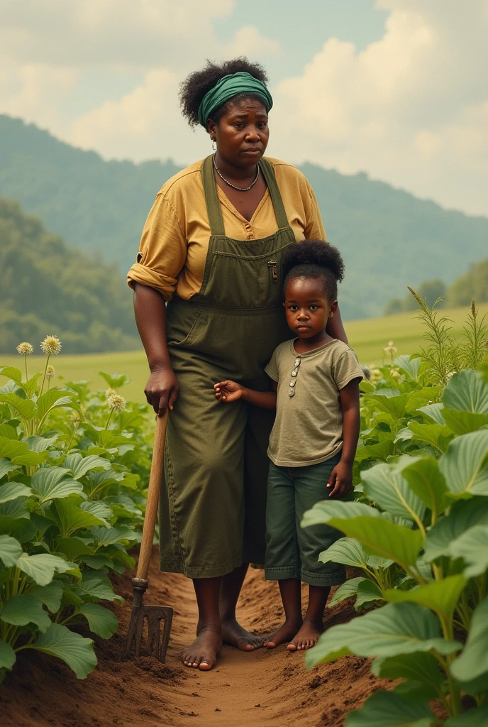 a girl and a boy,beautiful detailed eyes and face,brown skin,smiling,harvesting corn in a sunny garden,African landscape,cultural attire,focused and determined,bushy green plants,tall and ripe cornstalks,golden sunshine,rich soil,dust particles in the air,highres,ultra-detailed,realistic:1.37,vivid colors,natural lighting,physical painting,pleasant and warm color tones