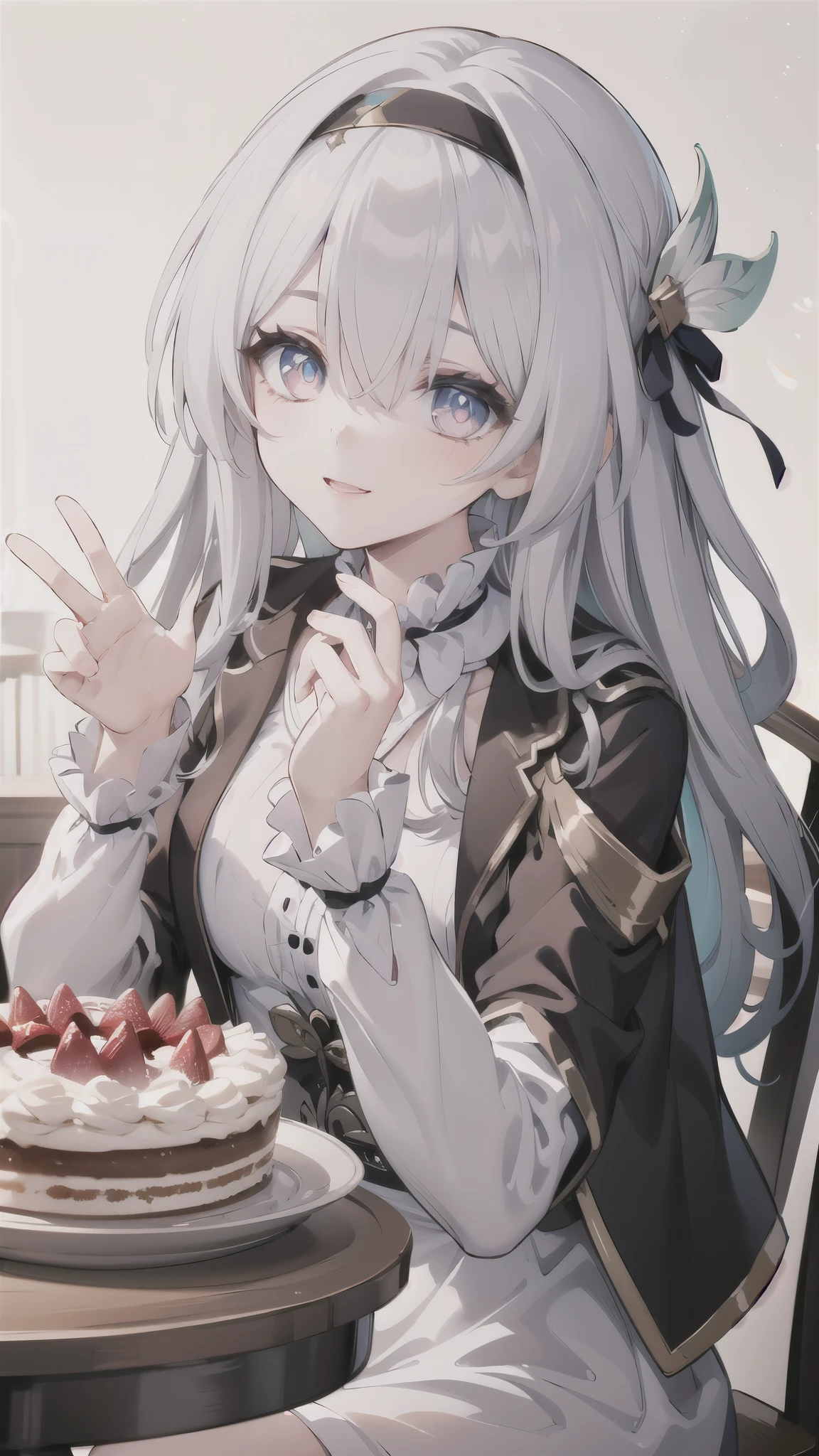 masterpiece, best quality,((ultra detailed)),(1girl),solo,beautiful illustration,beautiful detailed eyes, (wallpaper),intrinsic lighting,\fireflydef, jacket, dress\,bow,hairband,hair ornament,\simple background,face focus,wink with star,waving, sitting at a\ dinner table\,eating cake, on a date\,happy smile, tilted head, in love with viewer,\ floating hair, cute face, kawaii