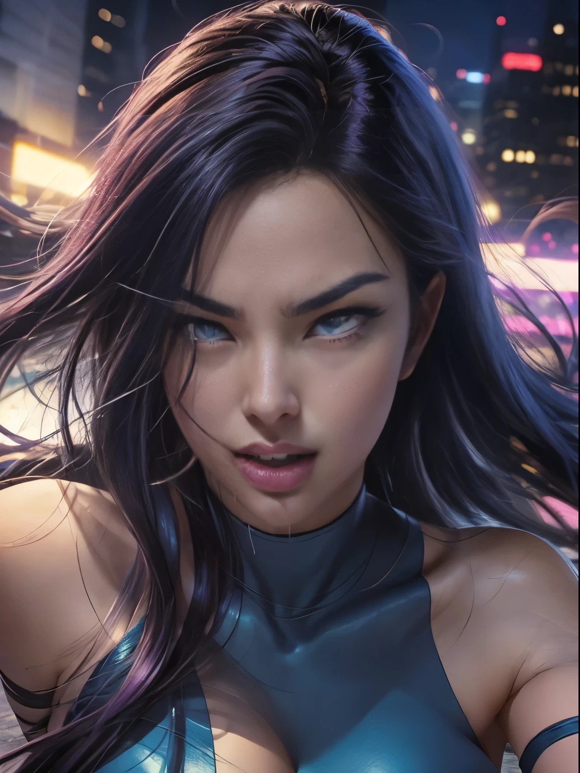 ((SUPERHEROINE PSYLOCKE )) , ((She has long hair)), (She is wearing her uniform), (masterpiece, best quality) 1girl, Alone, (sexy, Pretty woman, Perfect face, perfect eyes), image of 1/2 body , (PSYLOCKE, ahegao, rolling eyes, drooling), dynamic pose, superhero battle pose. . ((((action)))), ((movement)), (((motion))), ((dynamic)), background, a city in the night, city lights, blur background.