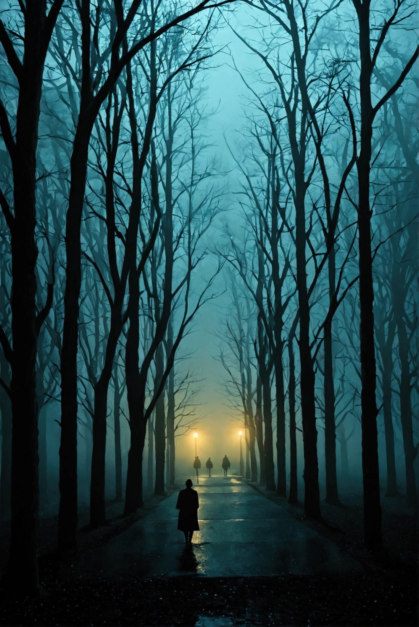 dimly lit modern architecture, misty atmosphere, illuminated interior, urban setting, minimalistic design, yellow light emanating, evening or night time, silhouette of trees, wet reflective surfaces, tranquil, mysterious ambiance, soft diffused lighting, outdoor environment, subdued color palette, shadows blending into darkness