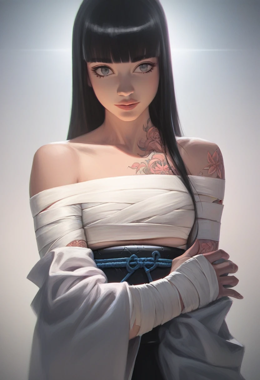 score_9, score_8_up, score_7_up, score_6_up, score_5_up, score_4_up, score Cel-shaded art, hds style, 1girl, Asian, kimono, off the shoulder, bandaged chest, tattoos on arm, blunt bangs, straight black hair, grey eyes, bokeh, high resolution, high quality, super detailed, sharp focus, ultra realistic, perfect lighting, perfect colors, perfect perspective, balanced composition, award-winning photographer, photo-realistic, ultra realistic
