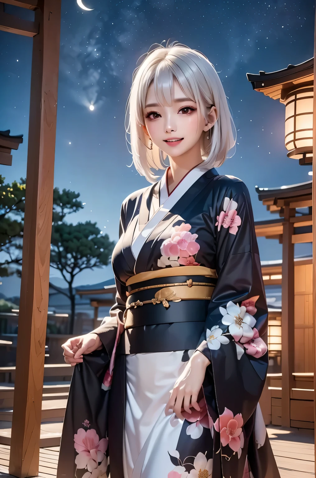 masterpiece, best quality, highly detailed, 1girl, white hair, face: sweet girl, laugh kimono, black kimono, Casual Kimono Style, Sturdy collar、Matte texture clothing. look up at the night sky. Bright and soft impression、It catches your eye.
