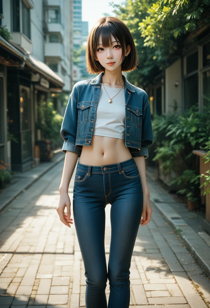 Generate a highly realistic full-body portrait of Misaki Hoshino, a female digital artist. She is 165 cm tall with a slim build, a relatively large chest, and long slender legs. She has a natural Japanese skin tone and is wearing a casual yet stylish outfit, like a denim jacket over a fitted top with jeans. Her hair is medium length, simple but elegant, and her expression is confident yet friendly. The lighting should be soft and natural, highlighting her facial features and body proportions. Focus on details like her brown eyes, smooth skin, and natural posture
