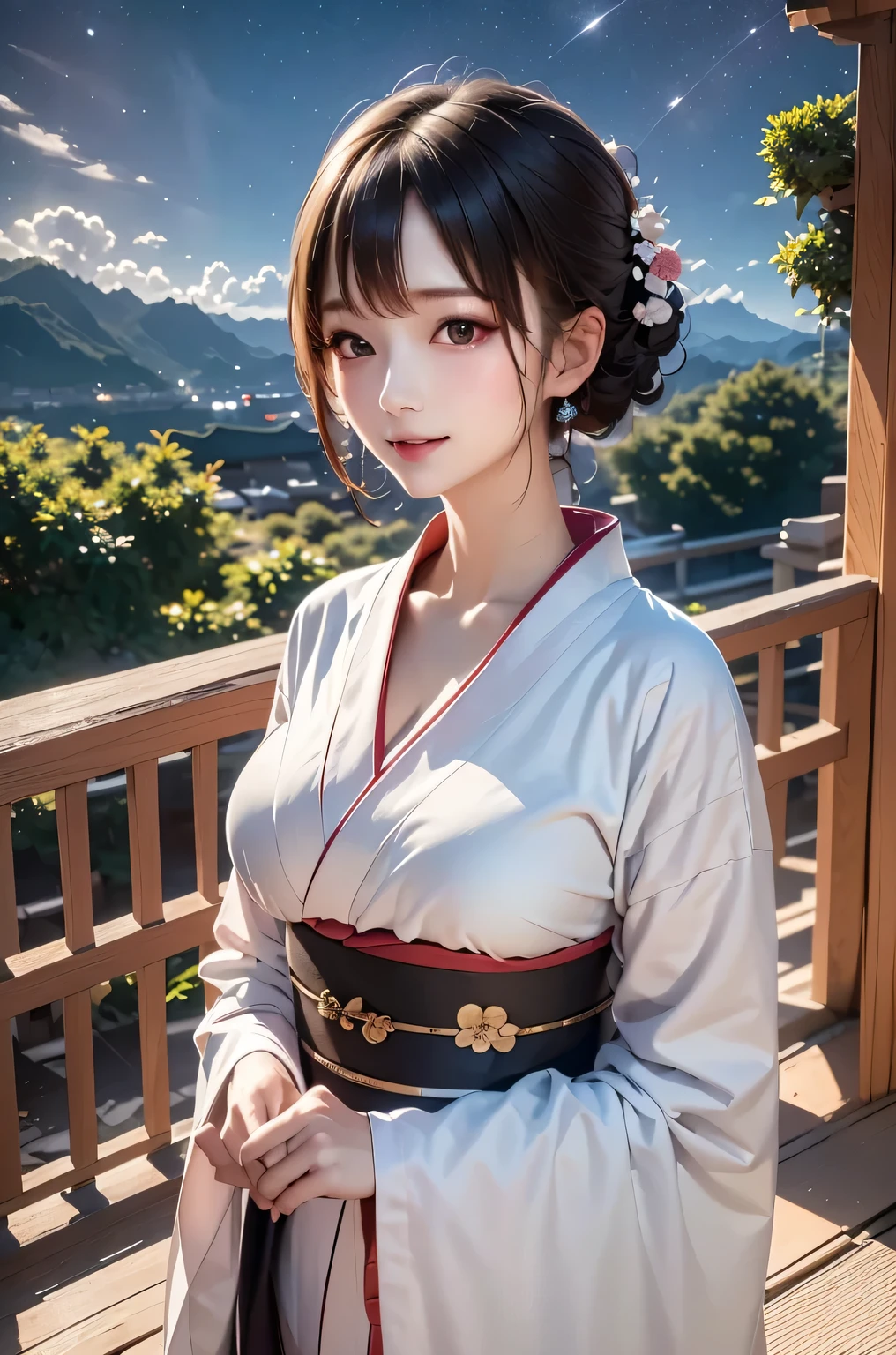 masterpiece, best quality, highly detailed, 1girl, white hair, face: sweet girl, laugh kimono, black kimono, Casual Kimono Style, Sturdy collar、Matte texture clothing. look up at the night sky. Bright and soft impression、It catches your eye.、A tranquil atmosphere