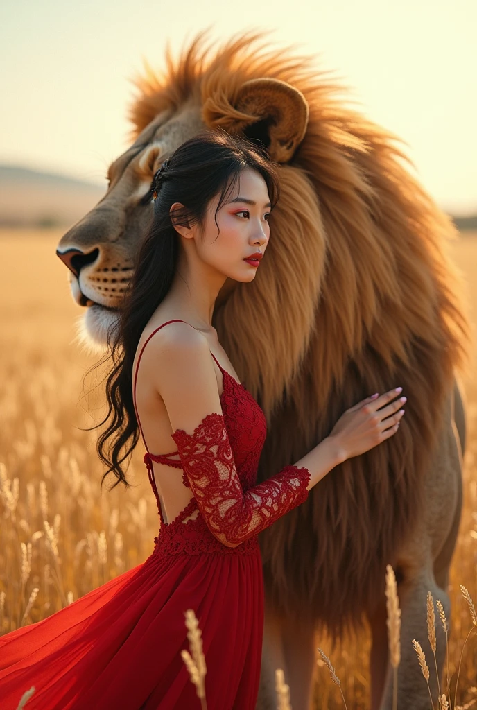 The scene is set in a sunlit field with a beautiful Asian woman in an elegant red lace dress, beautiful hazel eyes, red lip and face, embracing the lion as they both sit surrounded by tall, golden grass.Warm golden tones are prevalent, with the natural sunlight enhancing the cream and white hues of their surroundings.The image is filled with warmth and affection, portraying a deep, peaceful coexistence, realistic