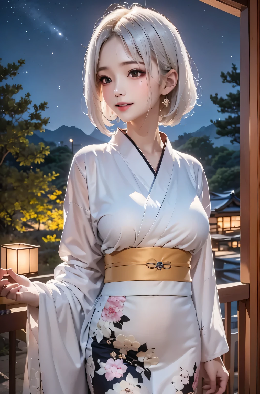 masterpiece, best quality, highly detailed, 1girl, white hair, face: sweet girl, laugh kimono, black kimono, Casual Kimono Style, Sturdy collar、Matte texture clothing. look up at the night sky. Bright and soft impression、It catches your eye.、A tranquil atmosphere