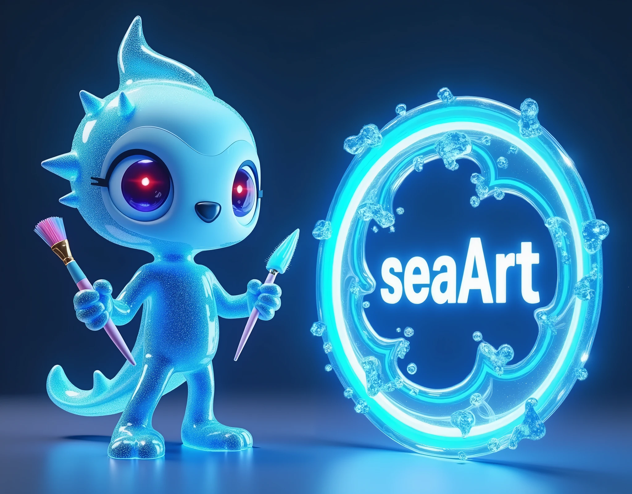 Design a unique cartoon mascot character named 'ArtWave,' representing a futuristic AI-driven art platform called 'SeaArt.' The character has a flowing, liquid-like body made of holographic light waves, blending organic and mechanical elements to resemble a humanoid or oceanic creature. Its body shape changes according to its artistic inspiration, with glowing lines symbolizing data streams flowing across its form. Its hands morph into futuristic art tools like light beam pens or floating holographic canvases, and small hovering assistants surround it, acting as its virtual art canvases. The face is abstract, composed of changing geometric shapes and light beams instead of traditional features. Its eyes glow with energy, shifting colors based on emotions and creative flow. The overall design combines elements of oceanic fluidity, futuristic technology, and art creation in a visually striking and original way, fitting for a mascot that represents the infinite possibilities of AI-powered art.